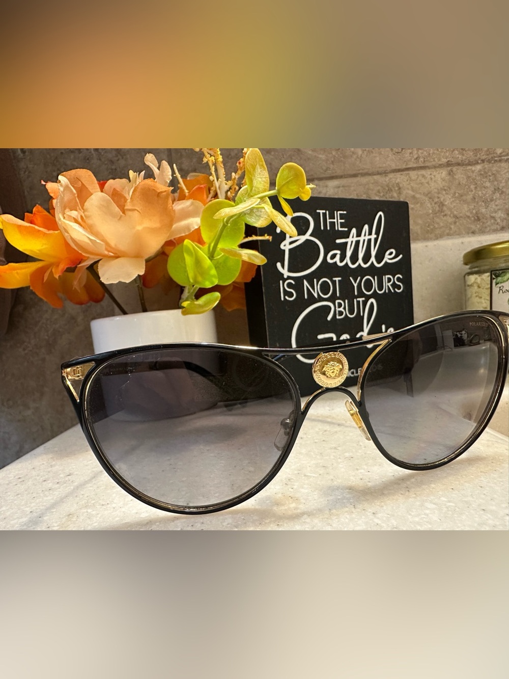 Black Cat-Eye polarized Sunglasses with Gold Medusa Medallion Accent
